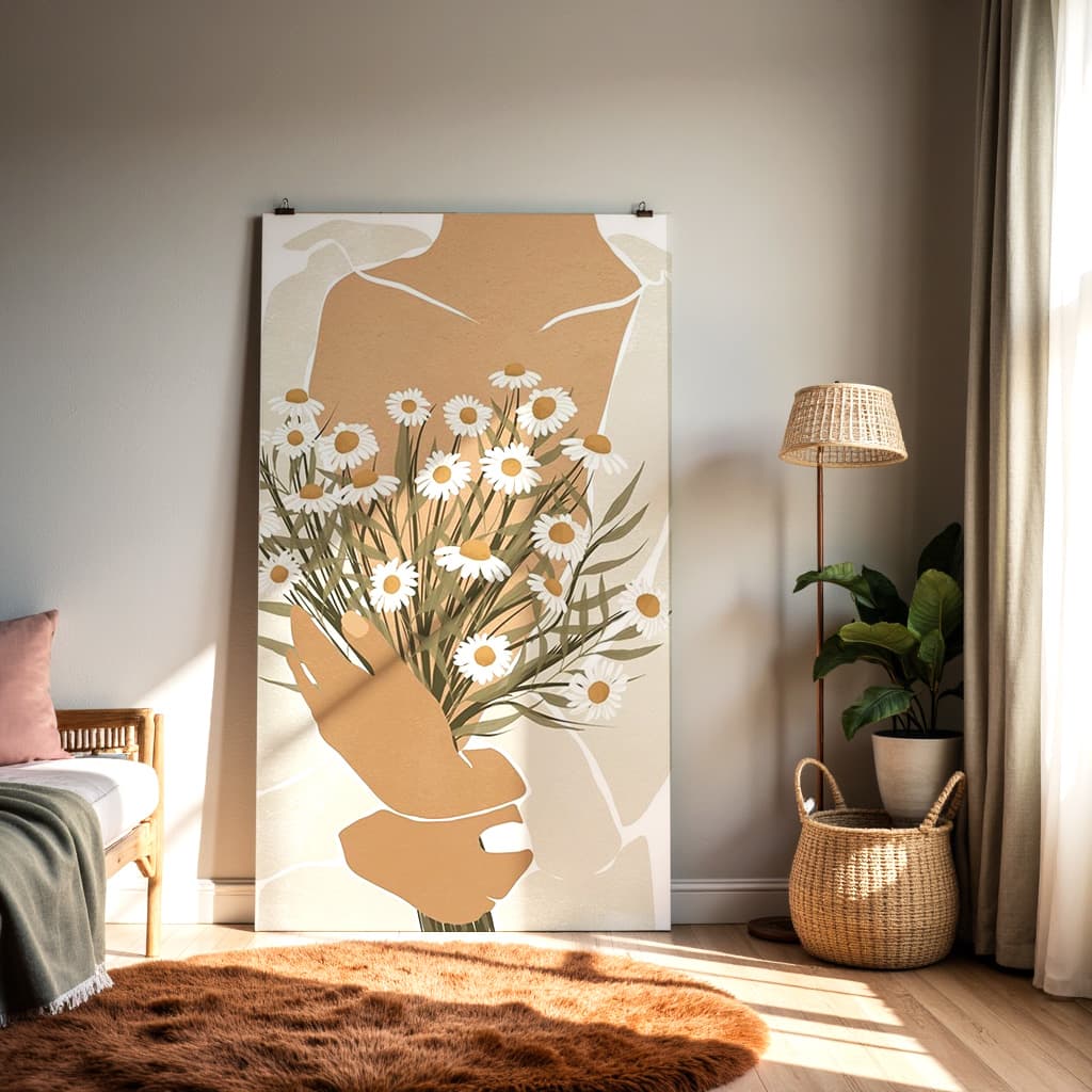 Minimalist Woman Holding Daisies – Floral Art Print — alternate view