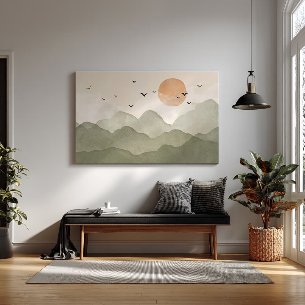 Minimal Landscape Wall Art – Sunrise Over Green Mountains — alternate view