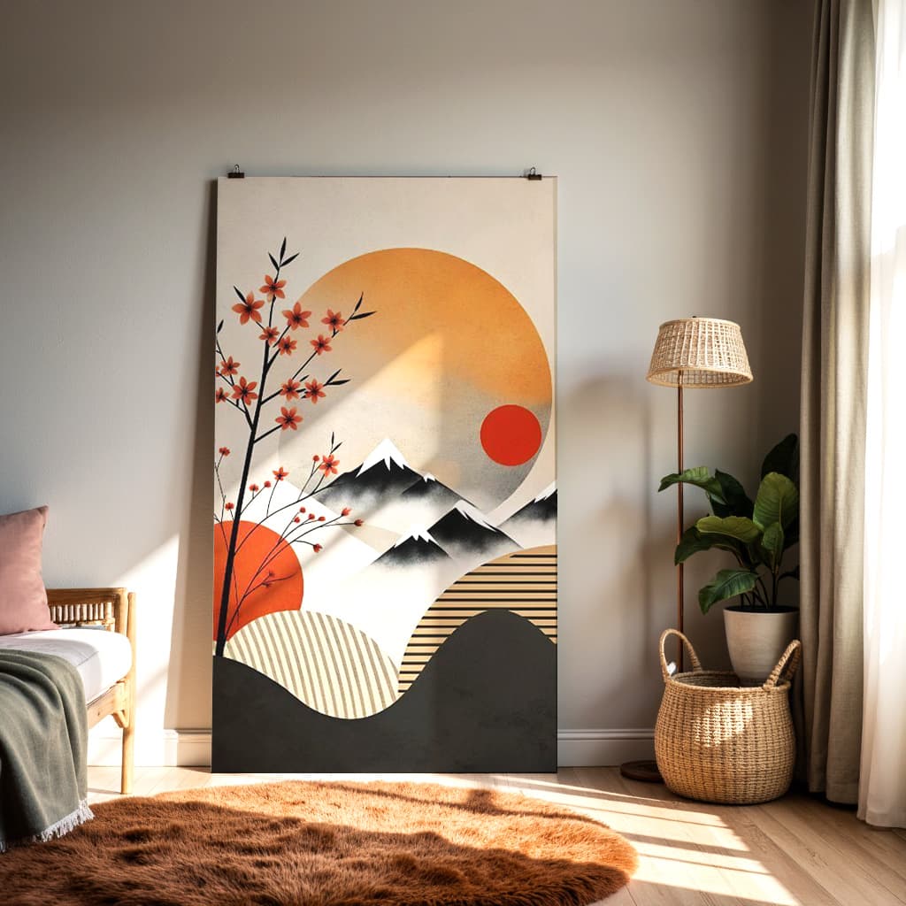 Japanese Sunrise Mountain Art Print – Modern Oriental Wall Décor — alternate view