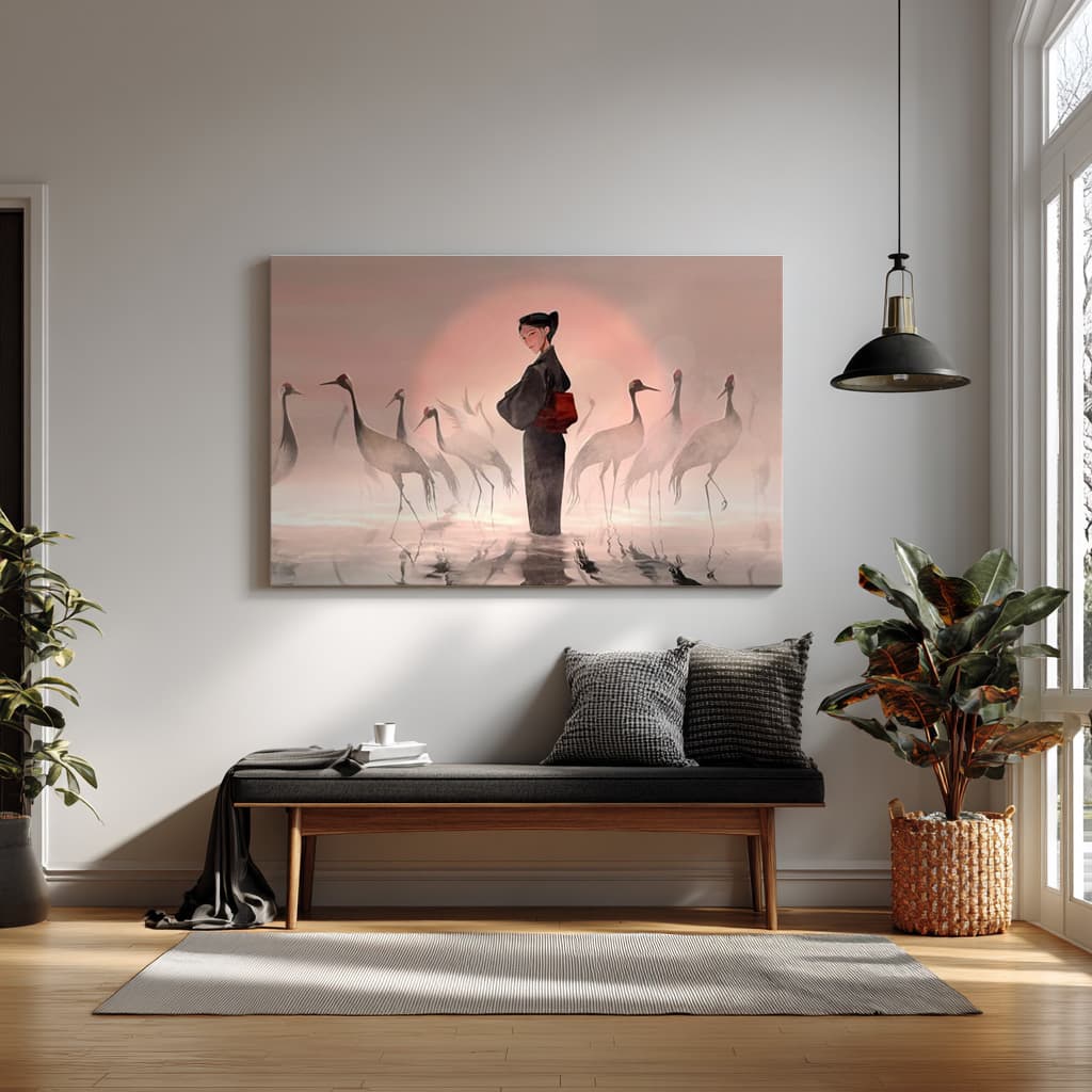 Elegant Japanese-Inspired Art – Woman in Kimono with Cranes | Serene Minimalist Illustration — alternate view