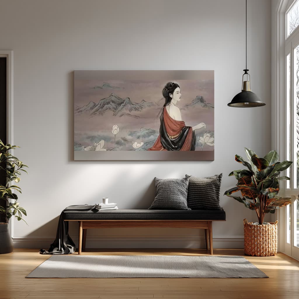 Elegant Oriental Ink Painting – Woman Among Lotus & Mountains | Classic East Asian Art — alternate view