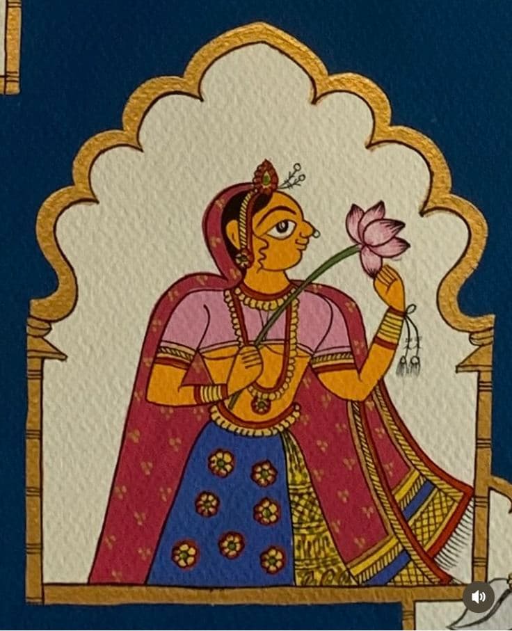 Traditional Rajasthani Miniature Painting – Royal Lady with Lotus | Indian Folk Art
