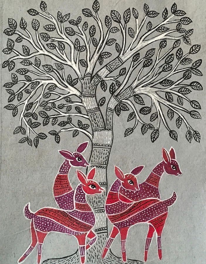 Folk Art Deer Family Under Tree – Traditional Tribal Nature Illustration
