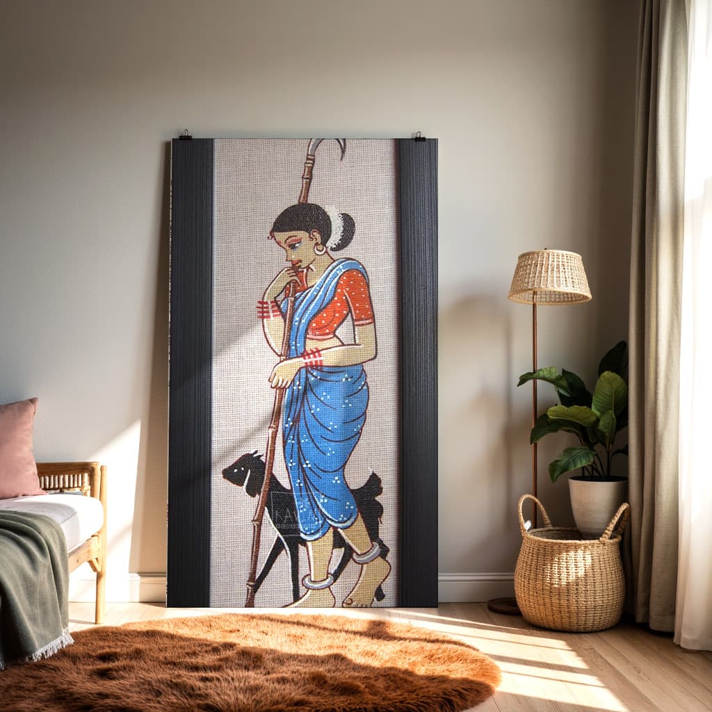 Folk Art Shepherd Woman with Staff – Traditional Rural Figurative Painting — alternate view