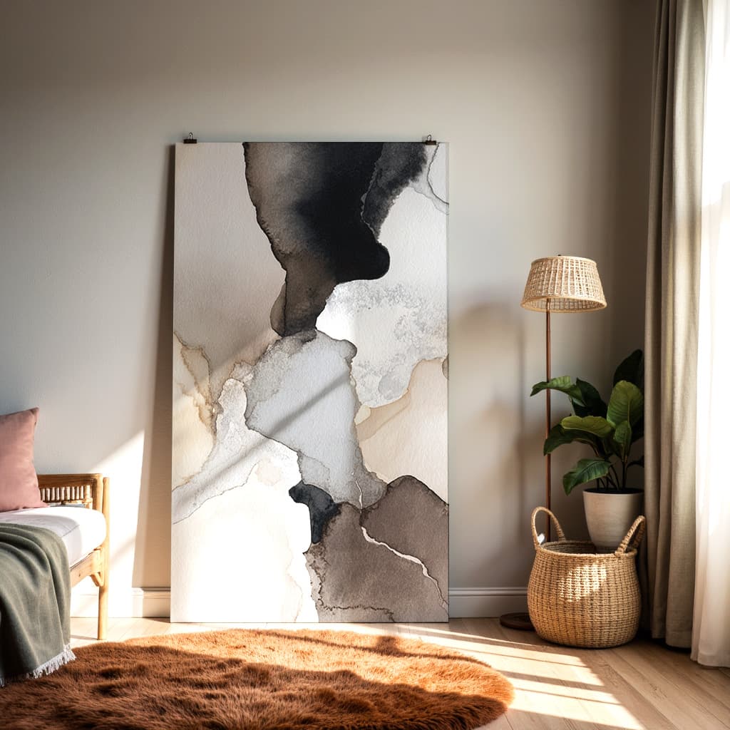 Neutral Abstract Watercolor Wall Art – Modern Minimalist Ink Wash Print — alternate view