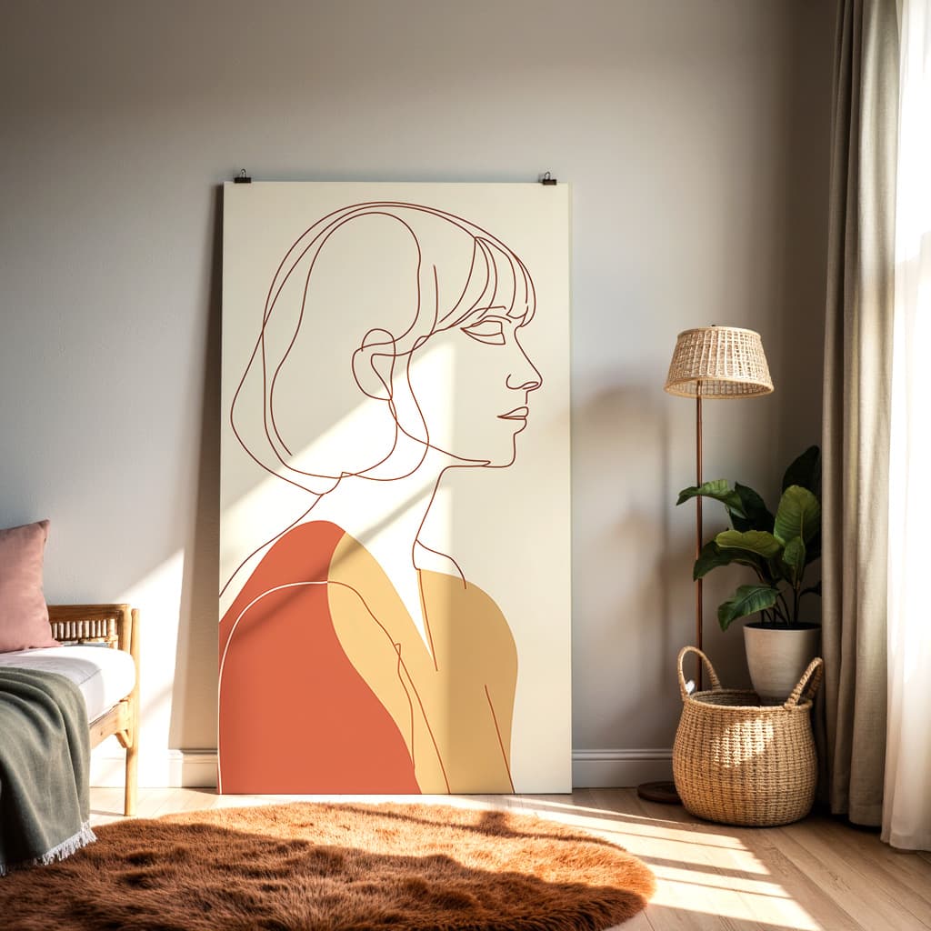 Minimalist One-Line Woman Portrait – Modern Abstract Female Wall Art in Warm Earth Tones — alternate view