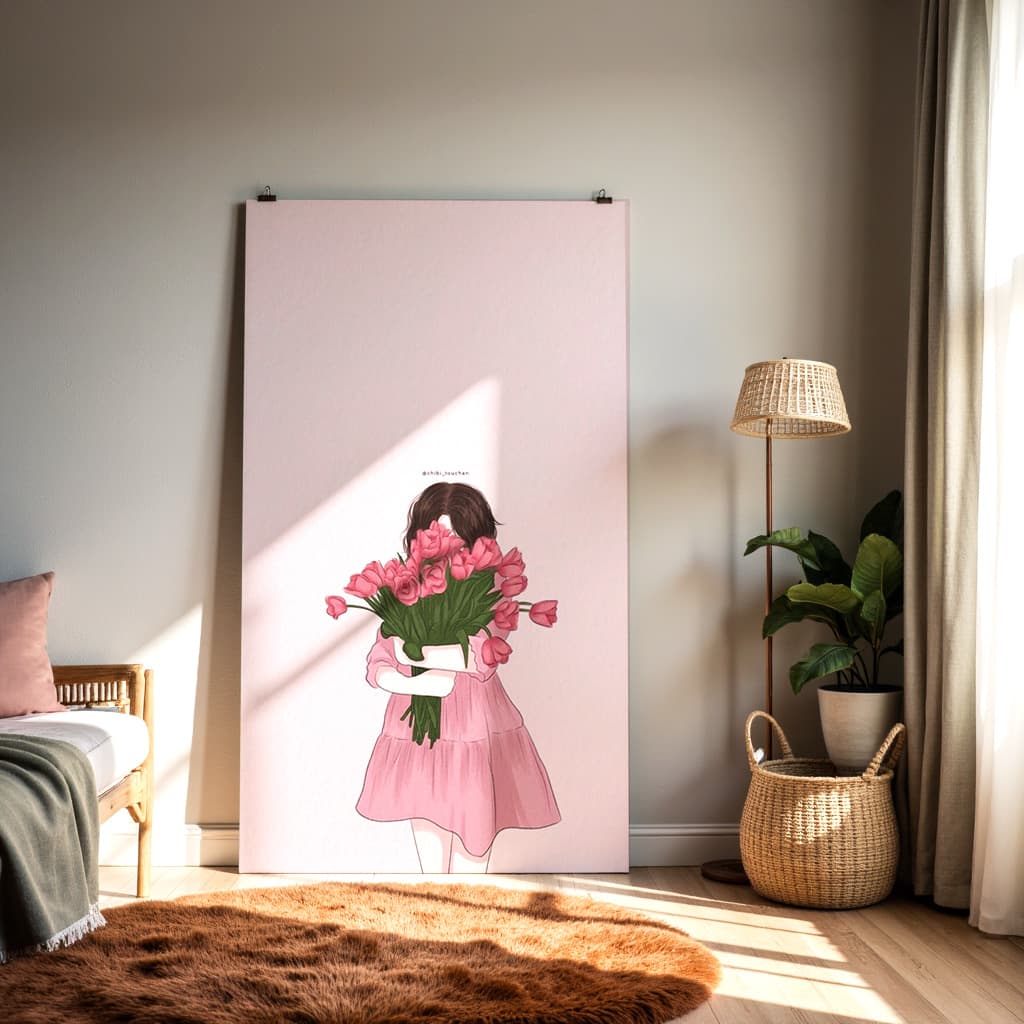 Girl Holding Flowers Wall Art – Cute Pastel Illustration Print — alternate view