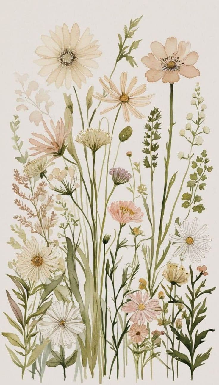 Watercolor Wildflower Wall Art – Botanical Garden Print, Soft Pastel Floral Illustration