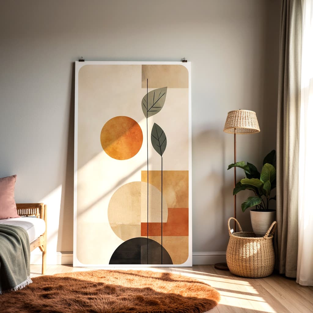 Modern Abstract Botanical Wall Art – Mid-Century Geometric Print with Minimalist Leaves & Shapes — alternate view