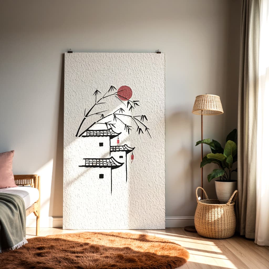 Minimalist Asian Village Art – Bamboo & Red Sun Illustration — alternate view