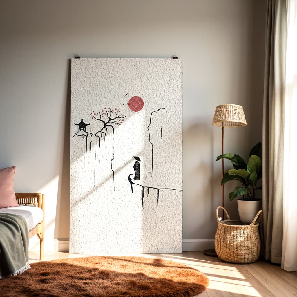 Minimalist Asian Mountain Landscape Art – Red Sun & Ink Illustration — alternate view