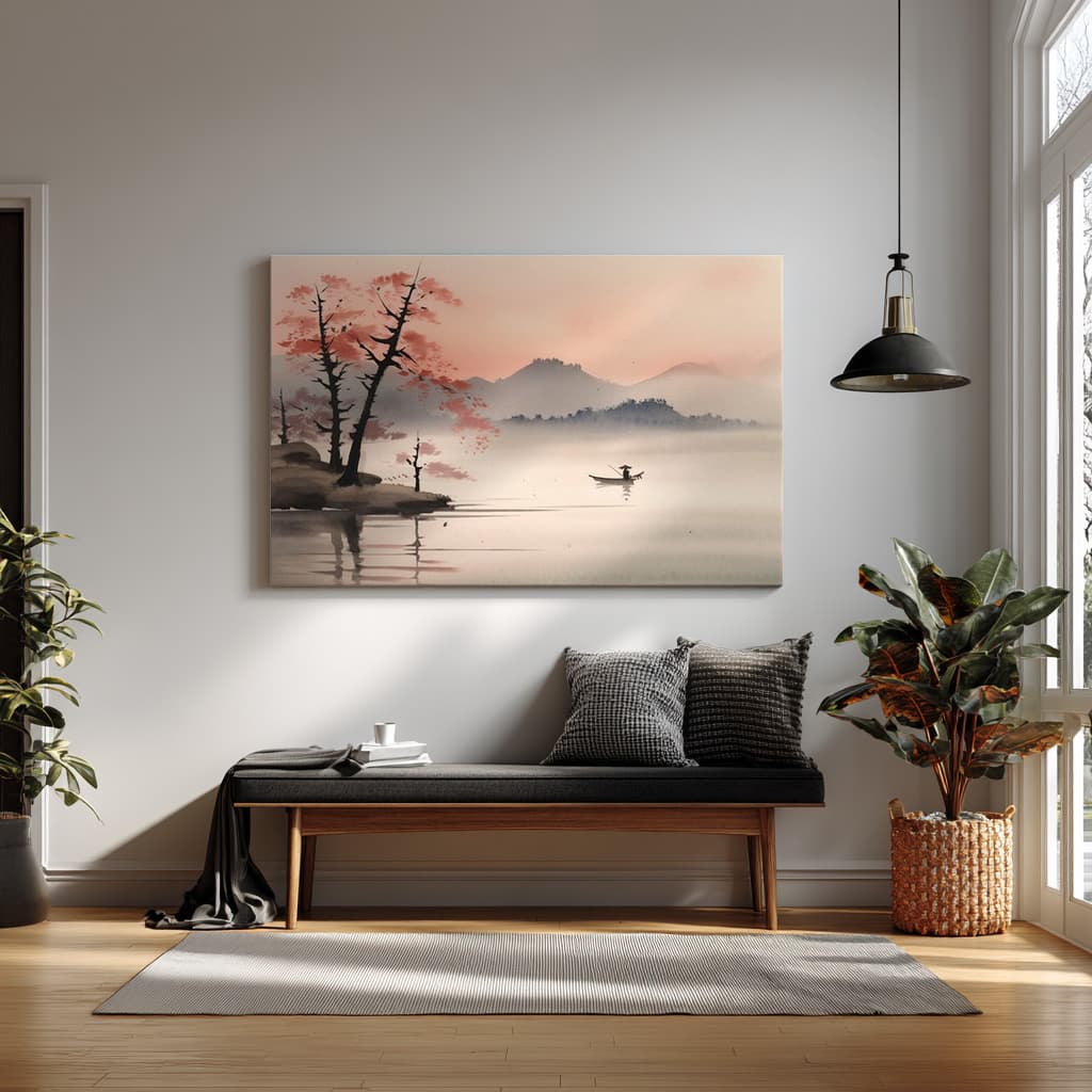Misty Dawn – Japanese Watercolor Lake Landscape — alternate view