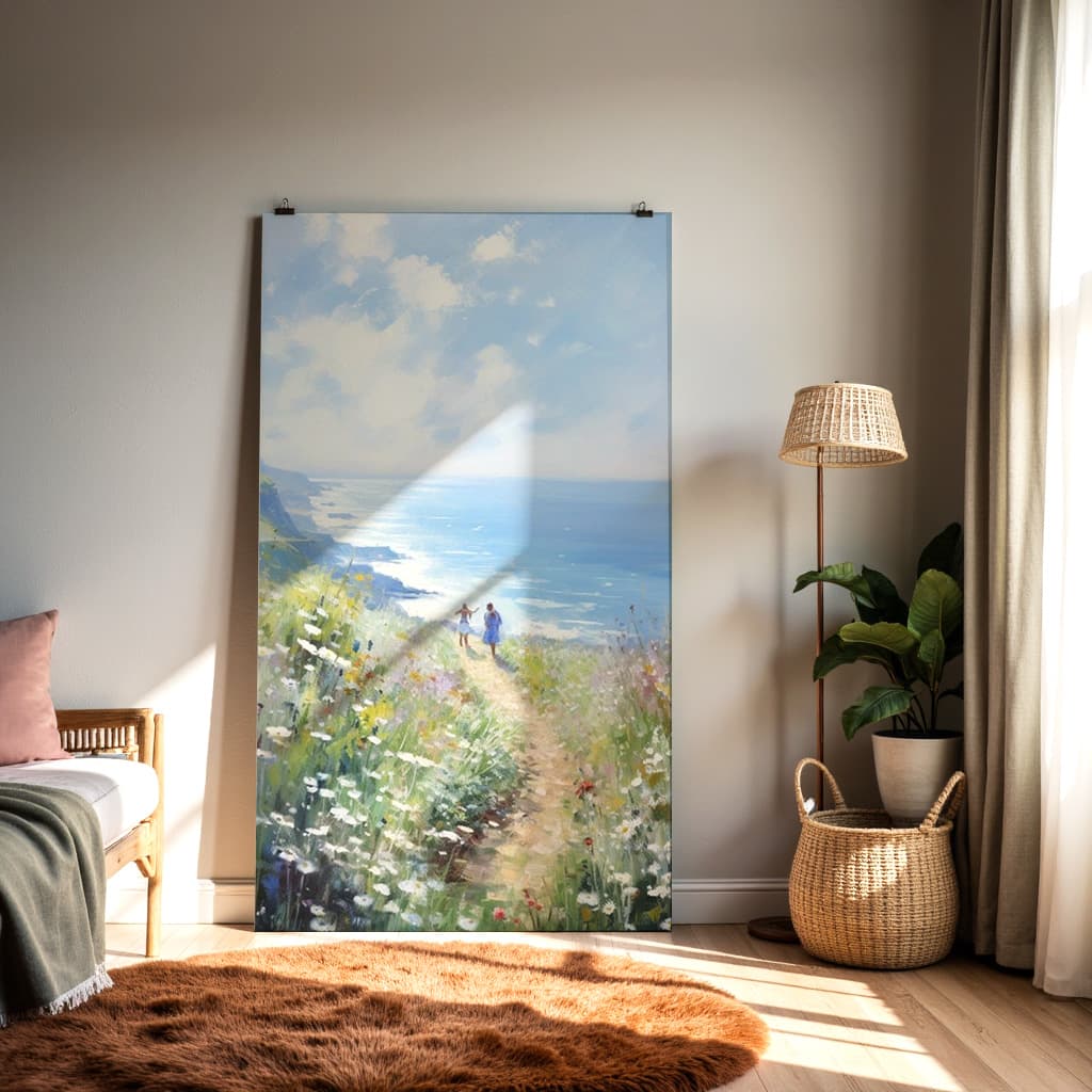 Coastal Bloom – Sunlit Cliffside Path Wall Art — alternate view