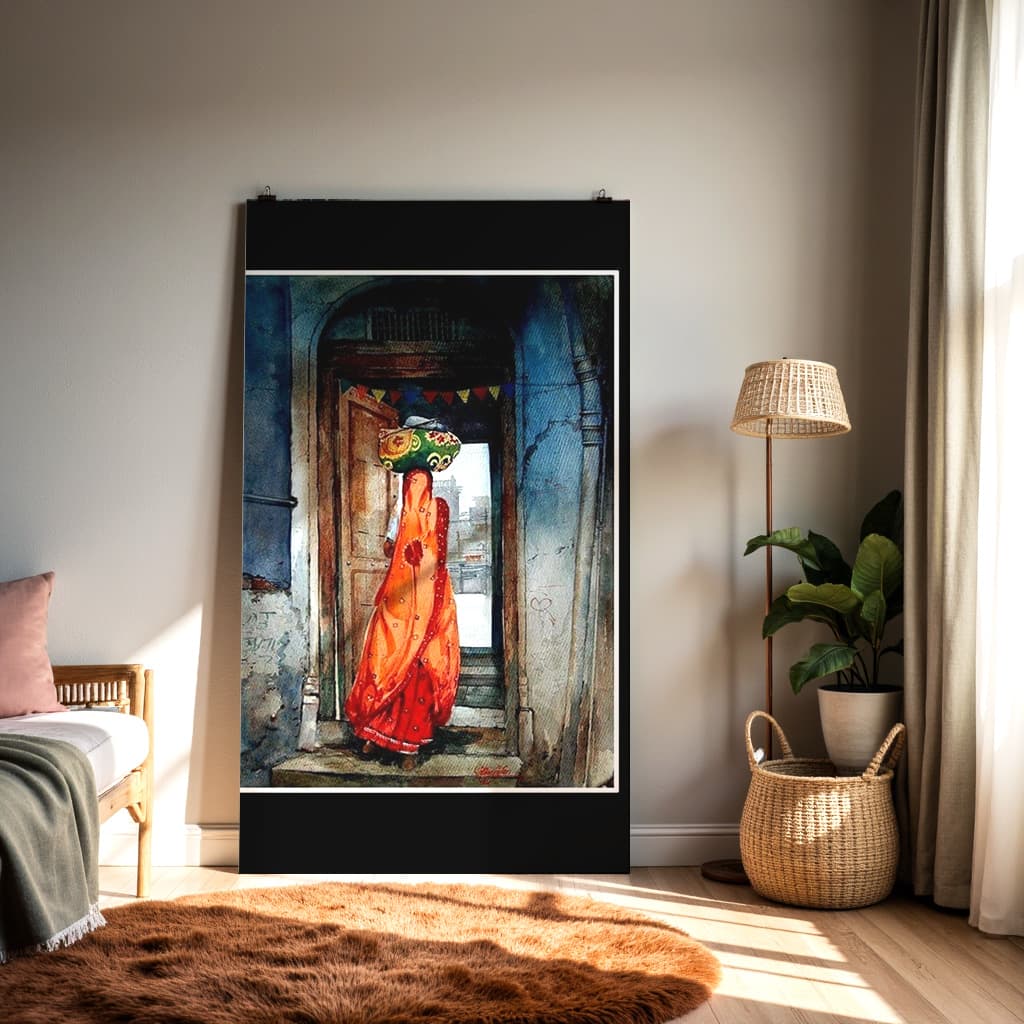 Indian Woman in Traditional Saree Wall Art | Cultural Watercolor Painting — alternate view