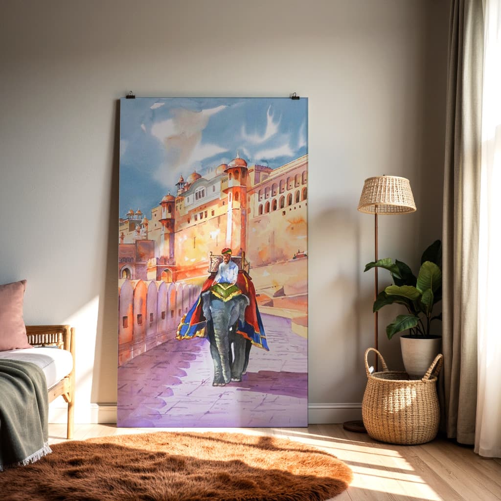 Amber Fort Elephant Ride Wall Art | Jaipur Rajasthan Watercolor Painting — alternate view