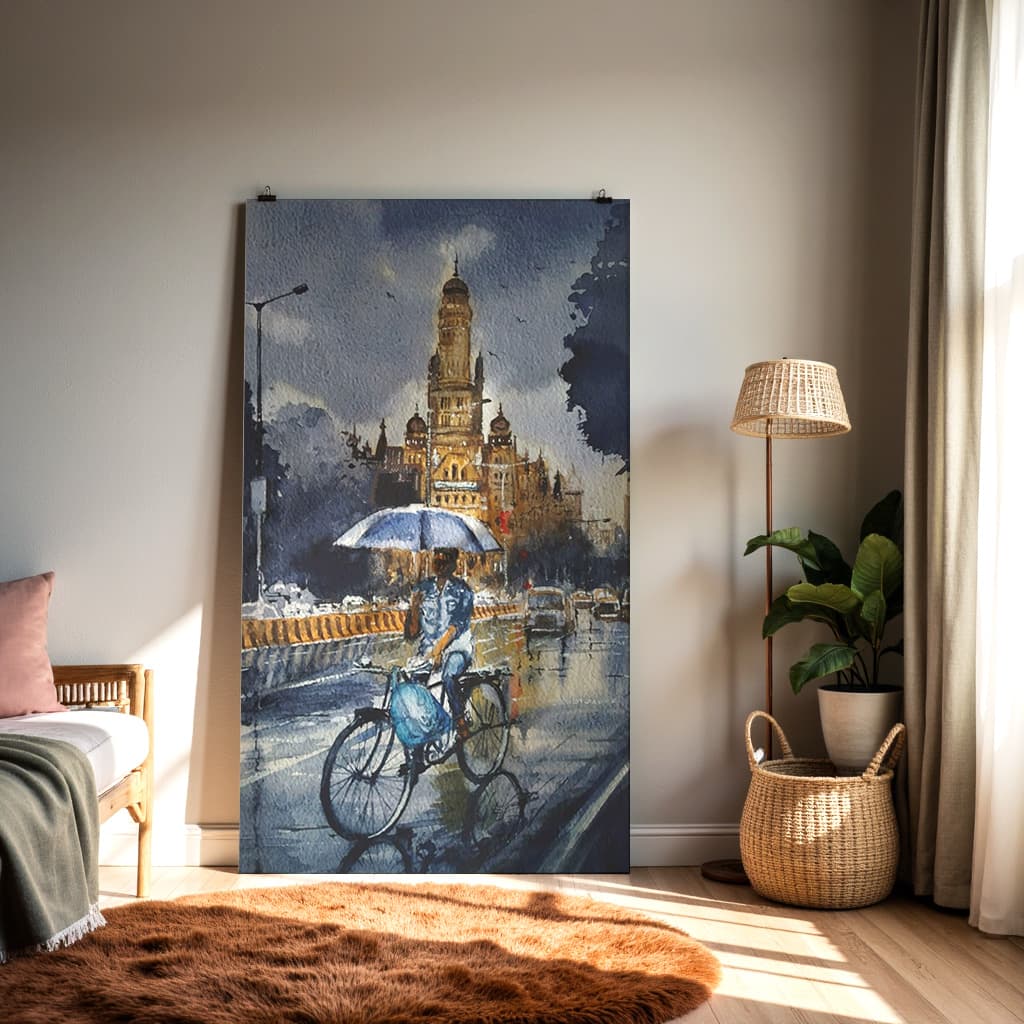 Rainy City Bicycle Wall Art | Indian Monsoon Street Painting — alternate view