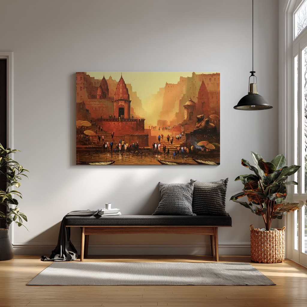 Varanasi Ghats Wall Art | Golden Ganges River City Painting — alternate view